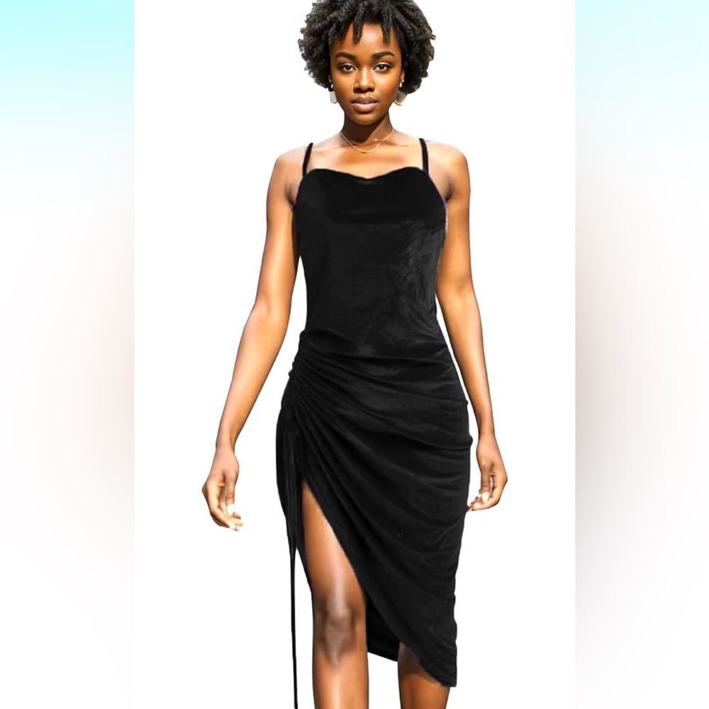 NWOT Spaghetti Strap Satin Dress Sexy Drawstring Ruched Split Hem M/L